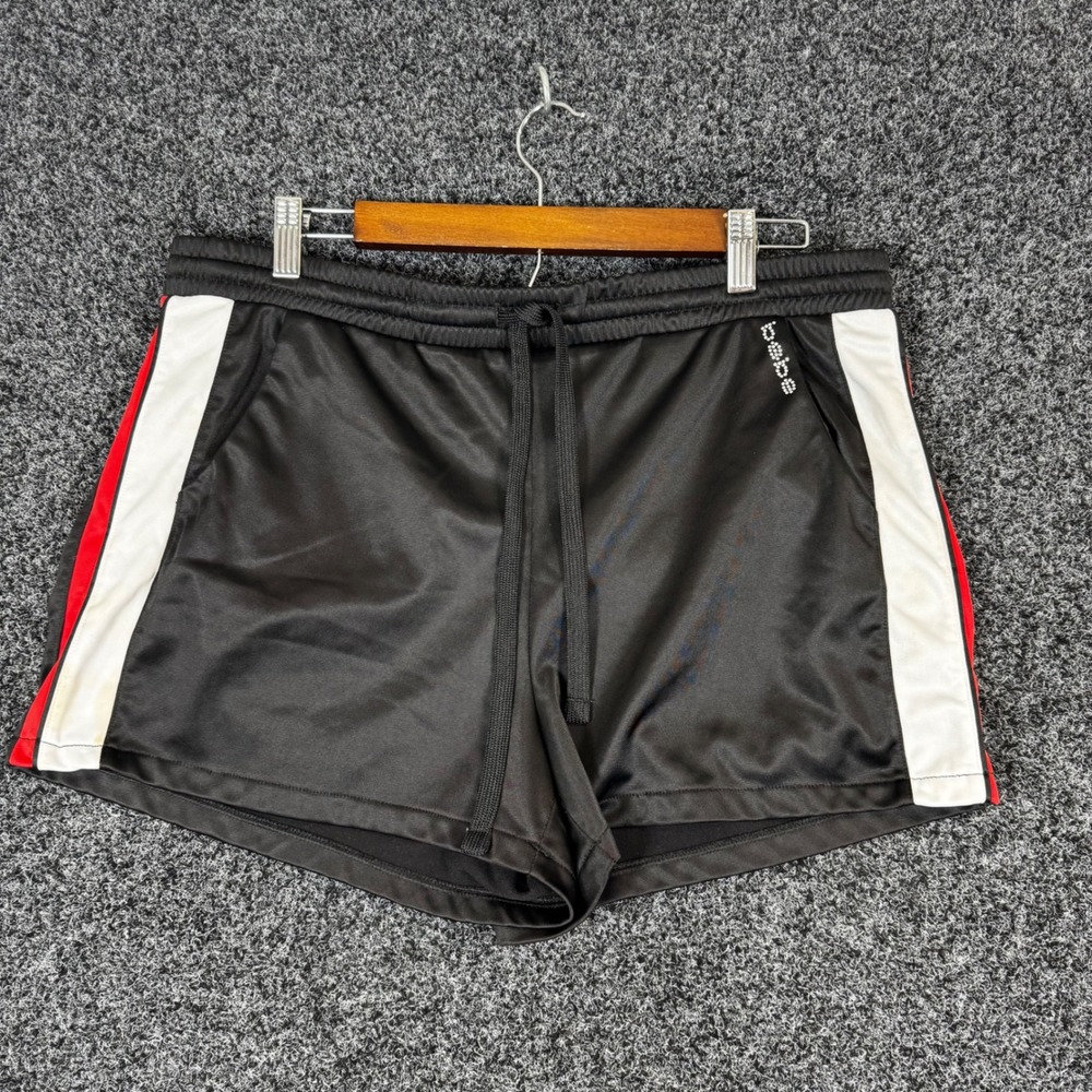 Bebe Sport Womens XL Black Track Shorts Rhinestone Logo Red White Side Stripe